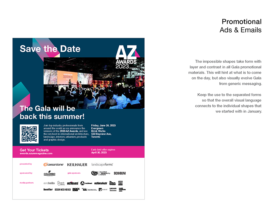 AZ Awards brand guideline spread showing logo use, grid structure, and colour palette.