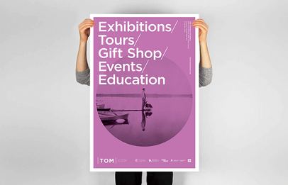 TOM retail poster with purple ground, typographic hierarchy, and modular grid.