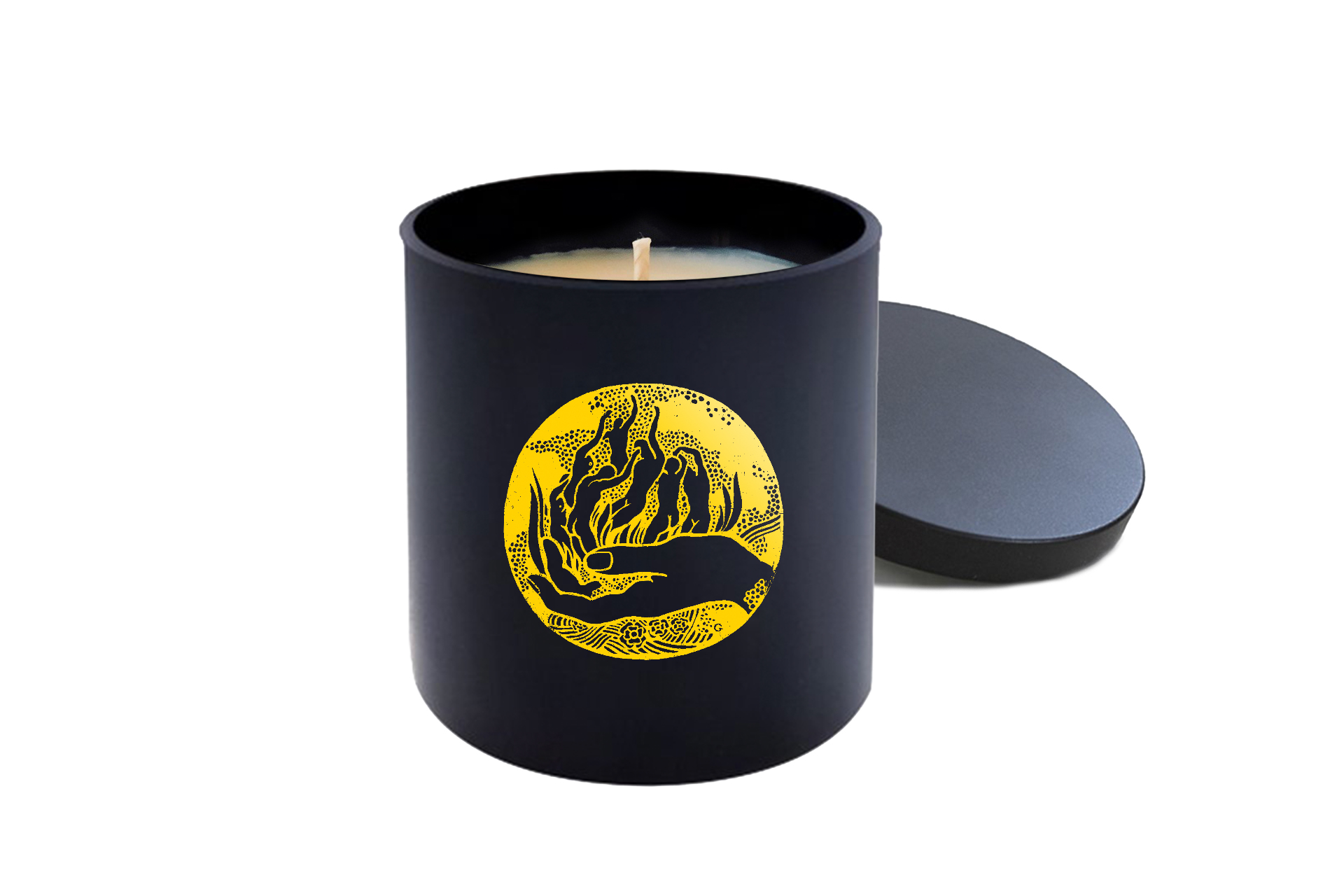 Black candle vessel with yellow illustrated label inspired by Kahlil Gibran.