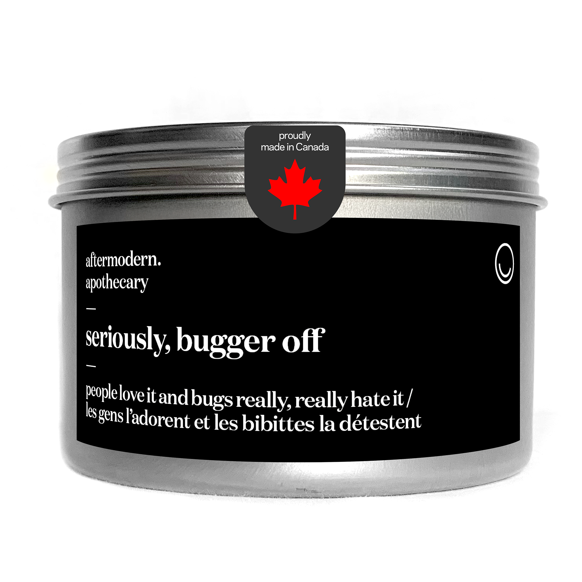 aftermodern.apothecary candle 'seriously bugger off' shown with lid.